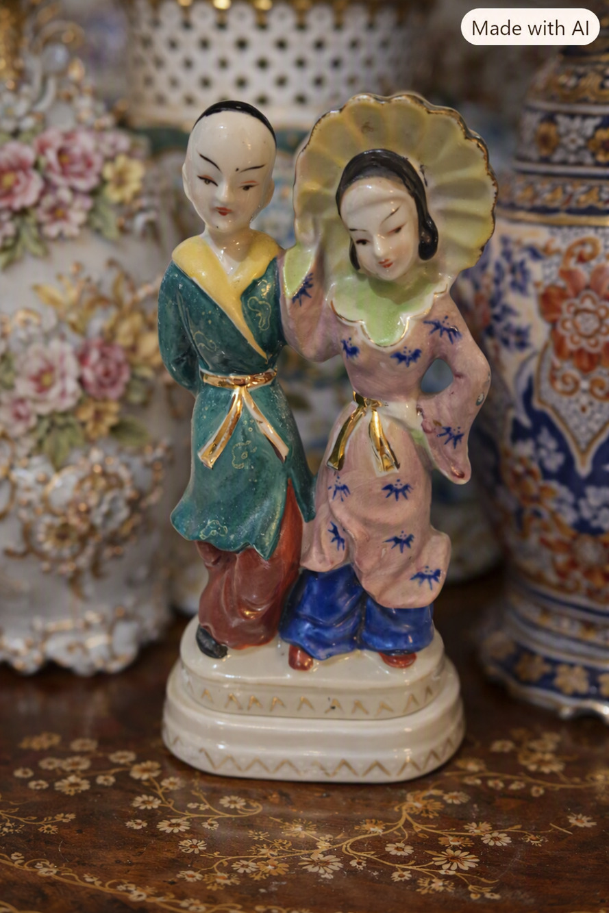 Occupied Japan Ceramic Figurine Asian Chinese Couple 7.5"